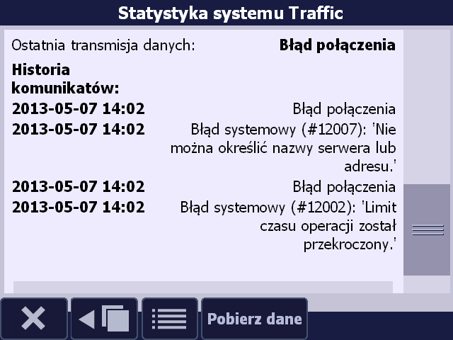 Statystyka systemu Traffic - Historia komunikatów