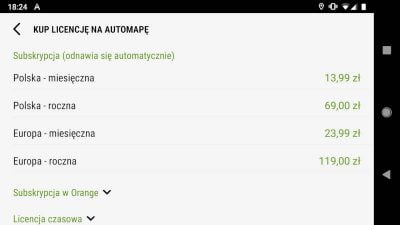 Subskrypcja Google Play w AutoMapy dla systemu Android