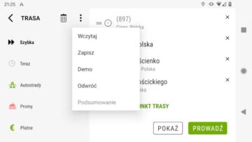 AutoMapa Android Menu kontekstowe w menu Trasa