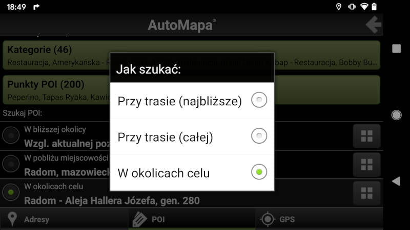 AutoMapa Android Przy trasie - dostępne opcje