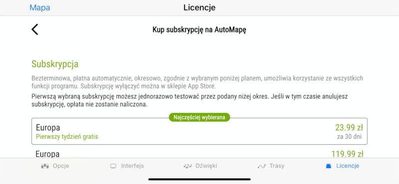 AutoMapa iOS 7.9.15 Wybór subskrypcji