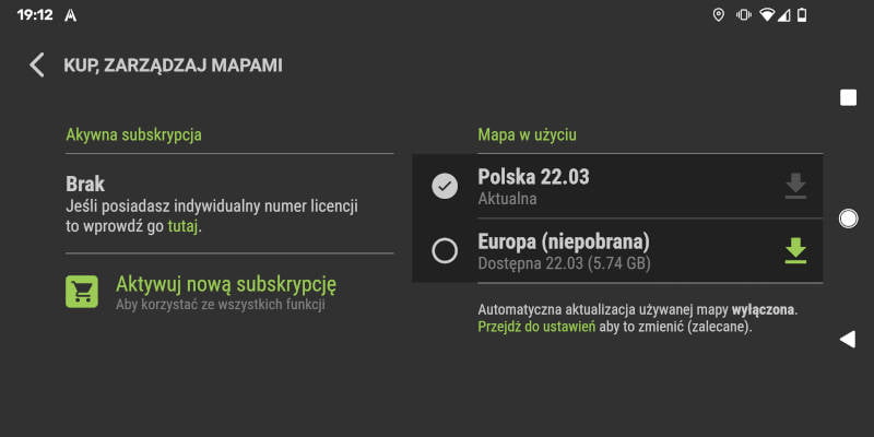 AutoMapa Android 7.0.0 - Okno Kup, zarządzaj mapami