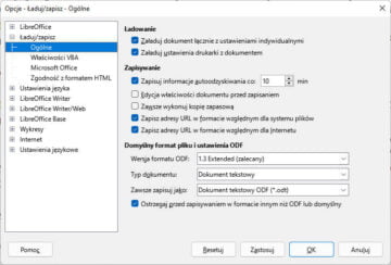 LibreOffice Opcje Ładuj/Zapisz